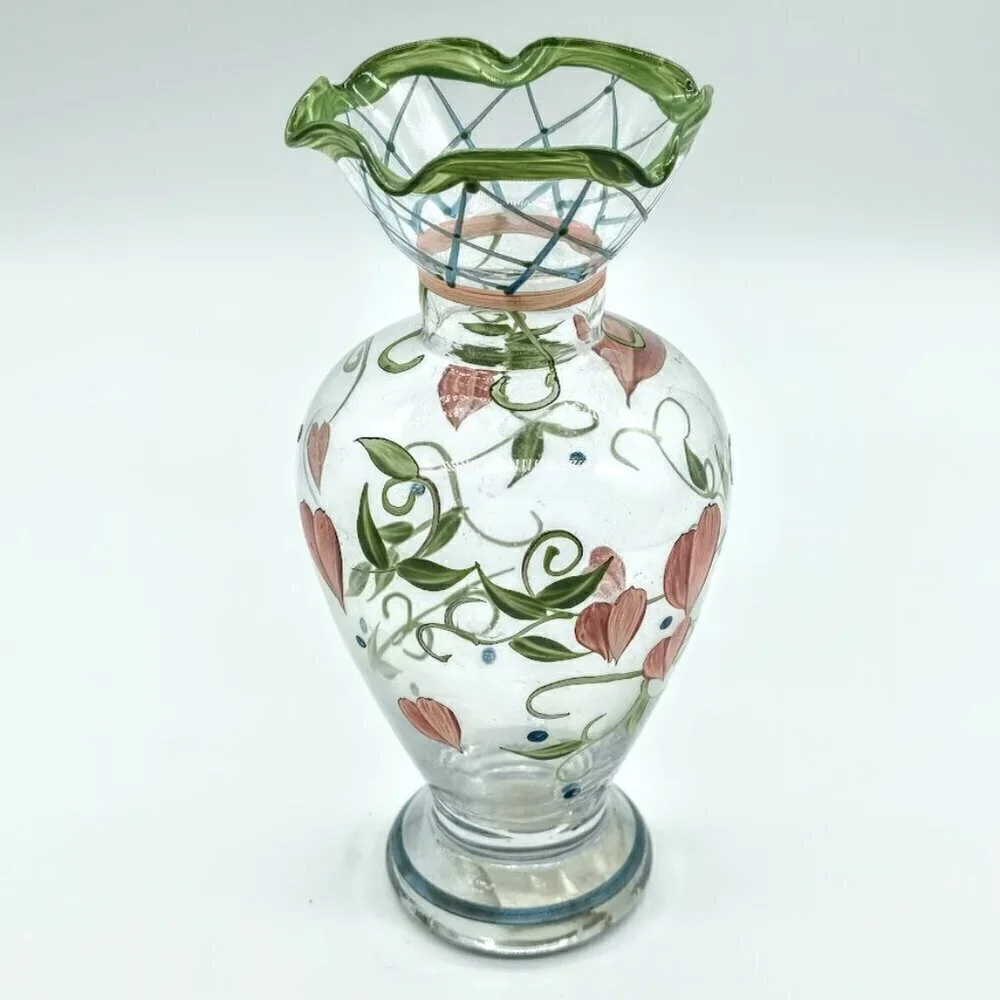 Tracy Porter Hand-Painted Green Pink Hearts Floral Glass Bud Vase
